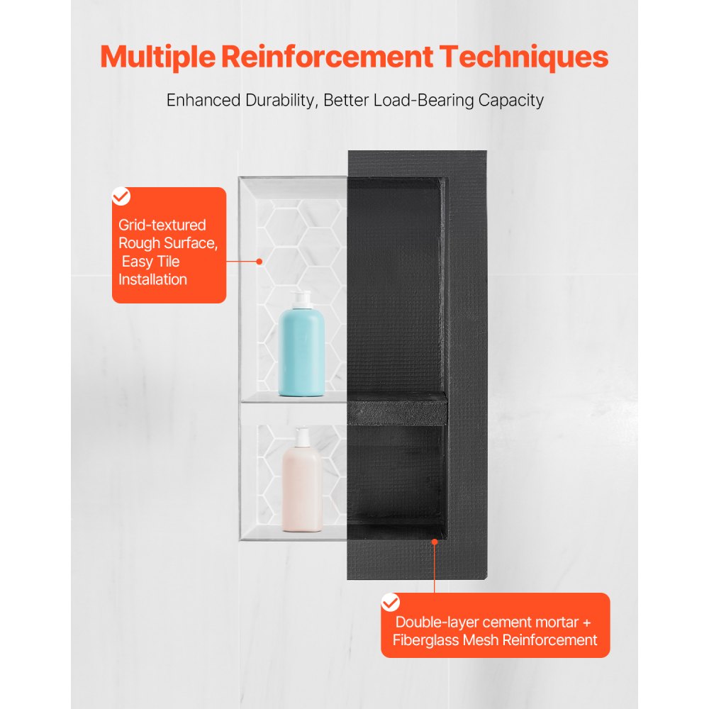 VEVOR Shower Niche, 16 x 24 inch + 16 x 24 inch Recessed Wall Niche with Movable Shelf, 4 inch Thick Modern Soap&Shampoo Storage Organizer,Square Corners,Sealed Waterproof,Black for Bathroom Shower