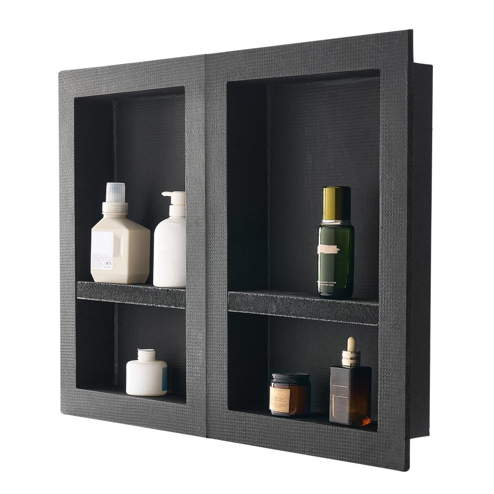 VEVOR Shower Niche, 16 x 24 inch + 16 x 24 inch Recessed Wall Niche with Movable Shelf, 4 inch Thick Modern Soap&Shampoo Storage Organizer,Square Corners,Sealed Waterproof,Black for Bathroom Shower