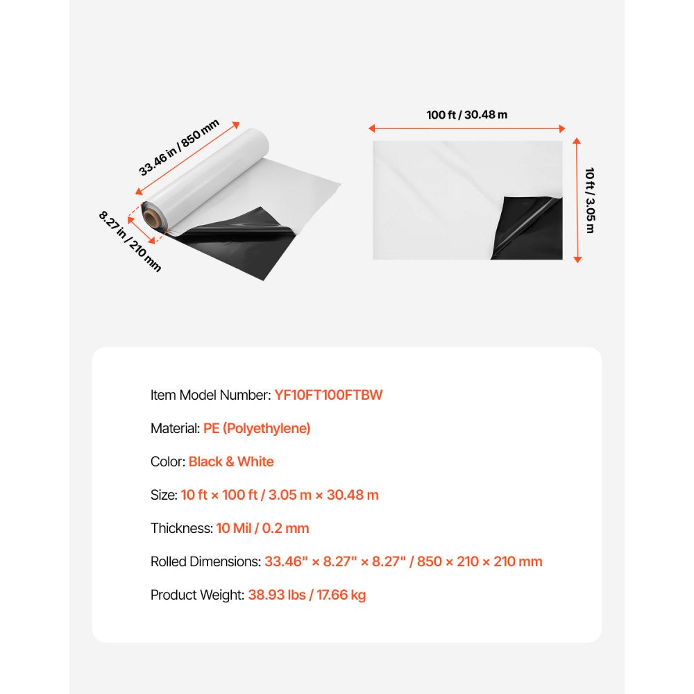 VEVOR 10 Mil Plastic Sheeting Heavy Duty 10' x 100', Thick Plastic Sheeting Roll, Plastic Drop Cloth Painters Tarp Covering for Crawl Space Vapor Barrier, Black and White Double-Sided, Multi-Purpose