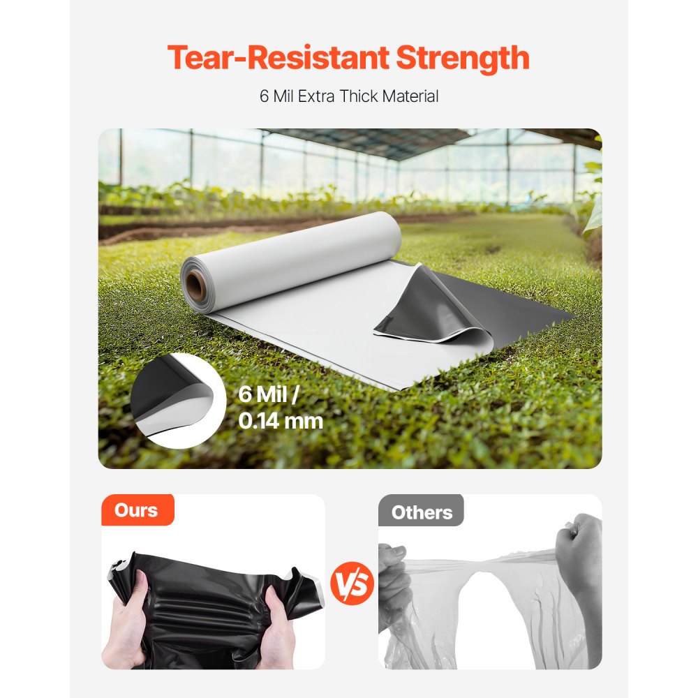 VEVOR 10' x 100' Plastic Sheeting Heavy Duty, 6 Mil Thick Plastic Sheeting Roll, Plastic Drop Cloth Painters Tarp Covering for Crawl Space Vapor Barrier, Black and White Double-Sided, Multi-Purpose