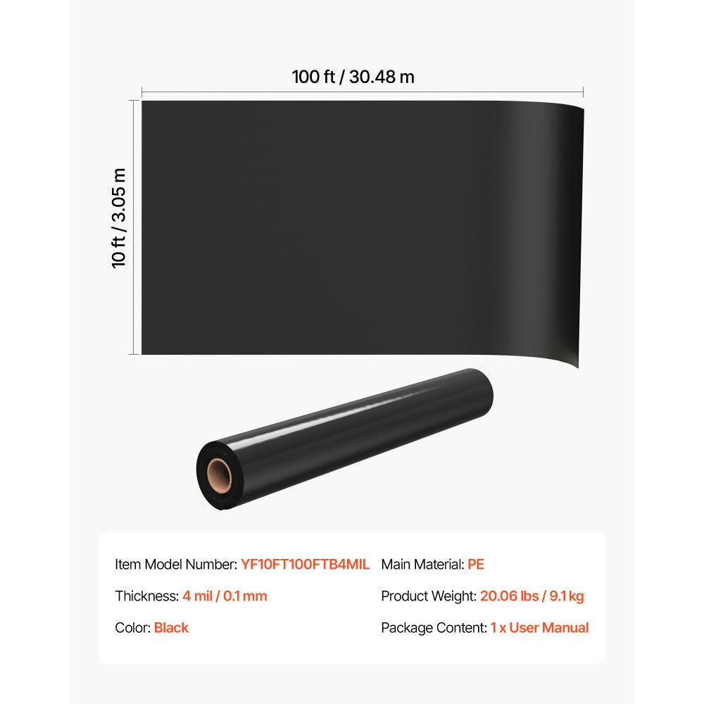 VEVOR 4 Mil Plastic Sheeting 10' x 100' Black Heavy Duty Polyethylene Roll, Thick Plastic Roll for Garden, Drop Cloth Painters Tarp, Polyethylene Covering for Crawl Space Vapor Barrier, Weed Control