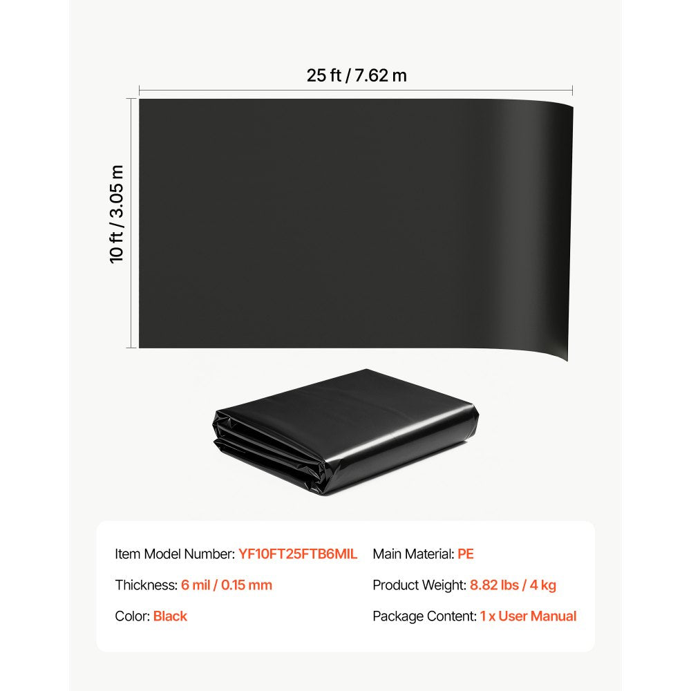 VEVOR 6 Mil Plastic Sheeting 10' x 25' Black Heavy Duty Polyethylene Roll, Thick Plastic Roll for Garden, Drop Cloth Painters Tarp, Polyethylene Covering for Crawl Space Vapor Barrier, Weed Control