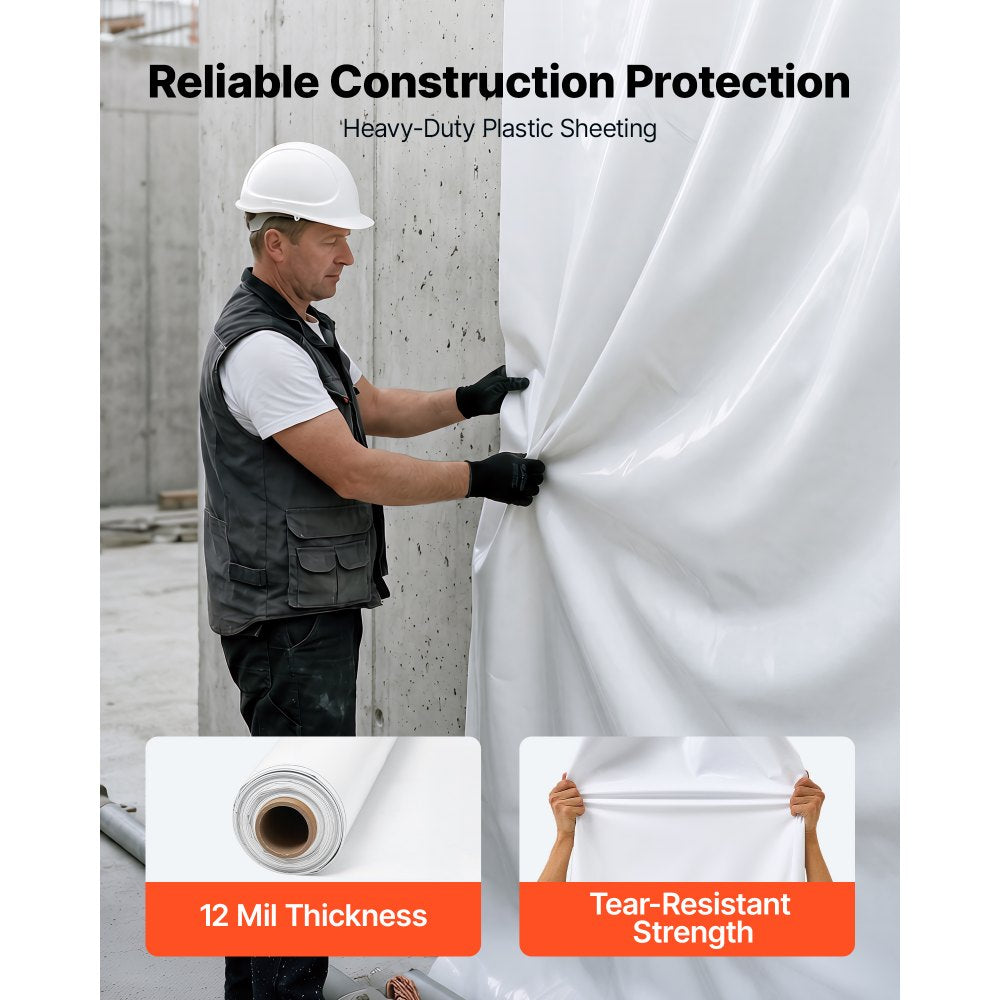 VEVOR 12 Mil Plastic Sheeting 10' x 50' Heavy Duty Thick Polyethylene Roll, Plastic Drop Cloth Painters Tarp, Polyethylene Covering for Crawl Space Vapor Barrier, Weed Control, Garden, Black & White