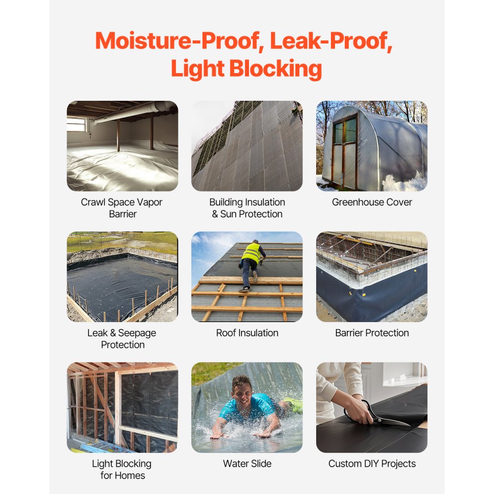 VEVOR 24' x 100' Plastic Sheeting Heavy Duty , 6 Mil Thick Plastic Sheeting Roll, Plastic Drop Cloth Painters Tarp, Polyethylene Covering for Crawl Space Vapor Barrier, Multi-Purpose, Black