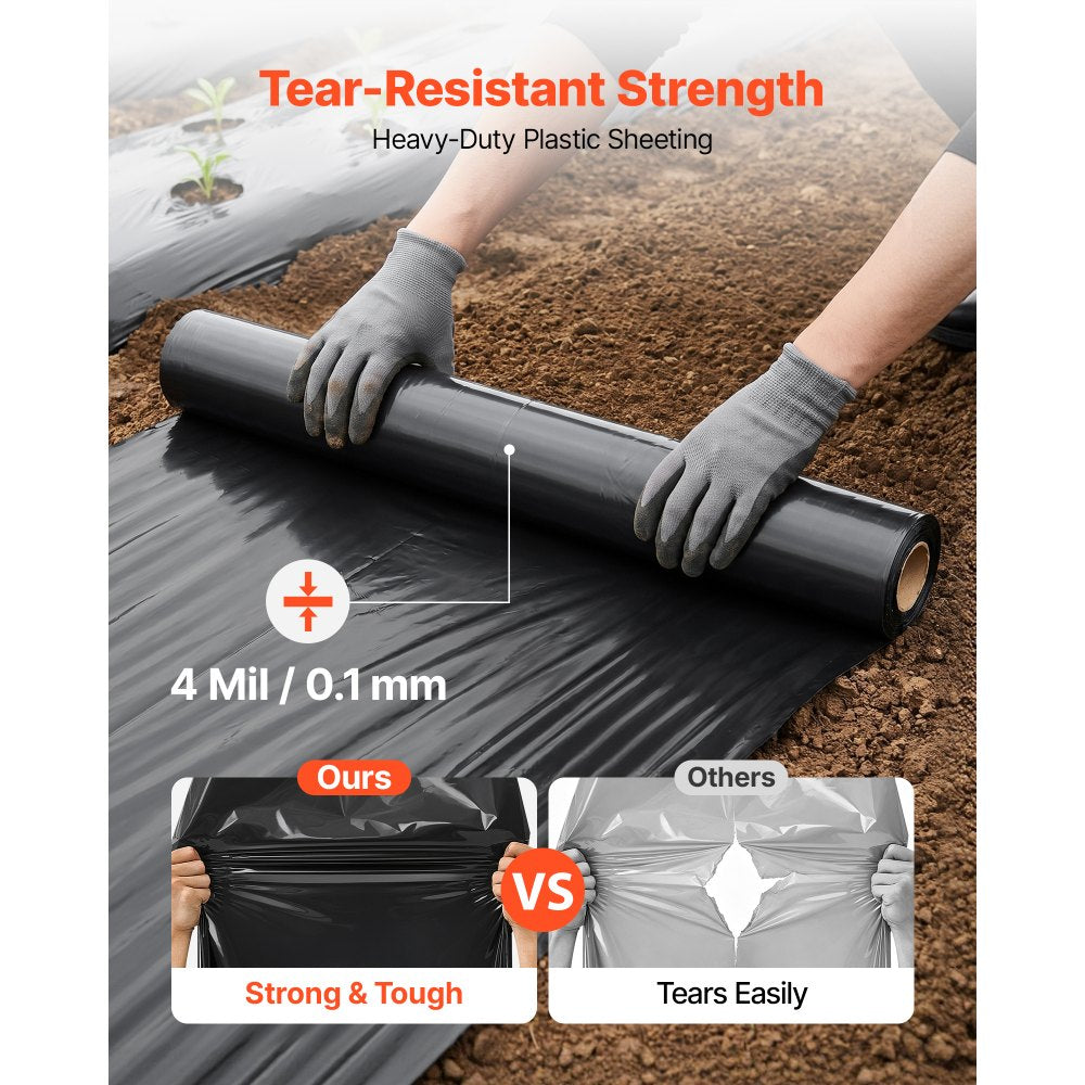 VEVOR 4 Mil Plastic Sheeting 6' x 100' Black Heavy Duty Polyethylene Roll, Thick Plastic Roll for Garden, Drop Cloth Painters Tarp, Polyethylene Covering for Crawl Space Vapor Barrier, Weed Control