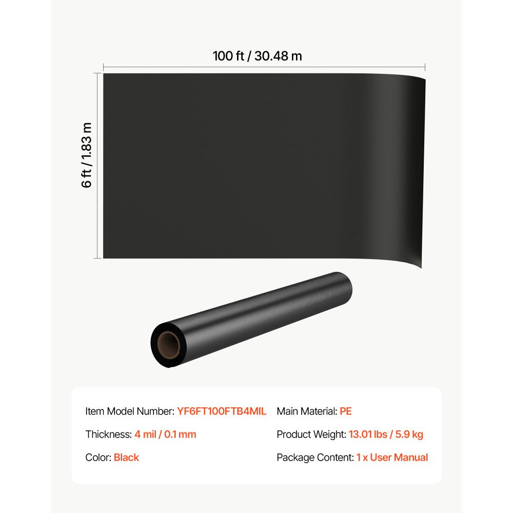 VEVOR 4 Mil Plastic Sheeting 6' x 100' Black Heavy Duty Polyethylene Roll, Thick Plastic Roll for Garden, Drop Cloth Painters Tarp, Polyethylene Covering for Crawl Space Vapor Barrier, Weed Control