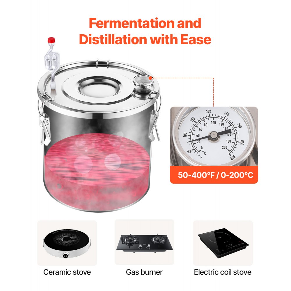 VEVOR Alcohol Still, 13.2 Gal / 50 L Stainless Steel Water Alcohol Distiller with Copper Coil for Fast Cooling, Dual Condenser Distiller Kit with Secondary Distillation, for Wine Whisky Brandy, Silver