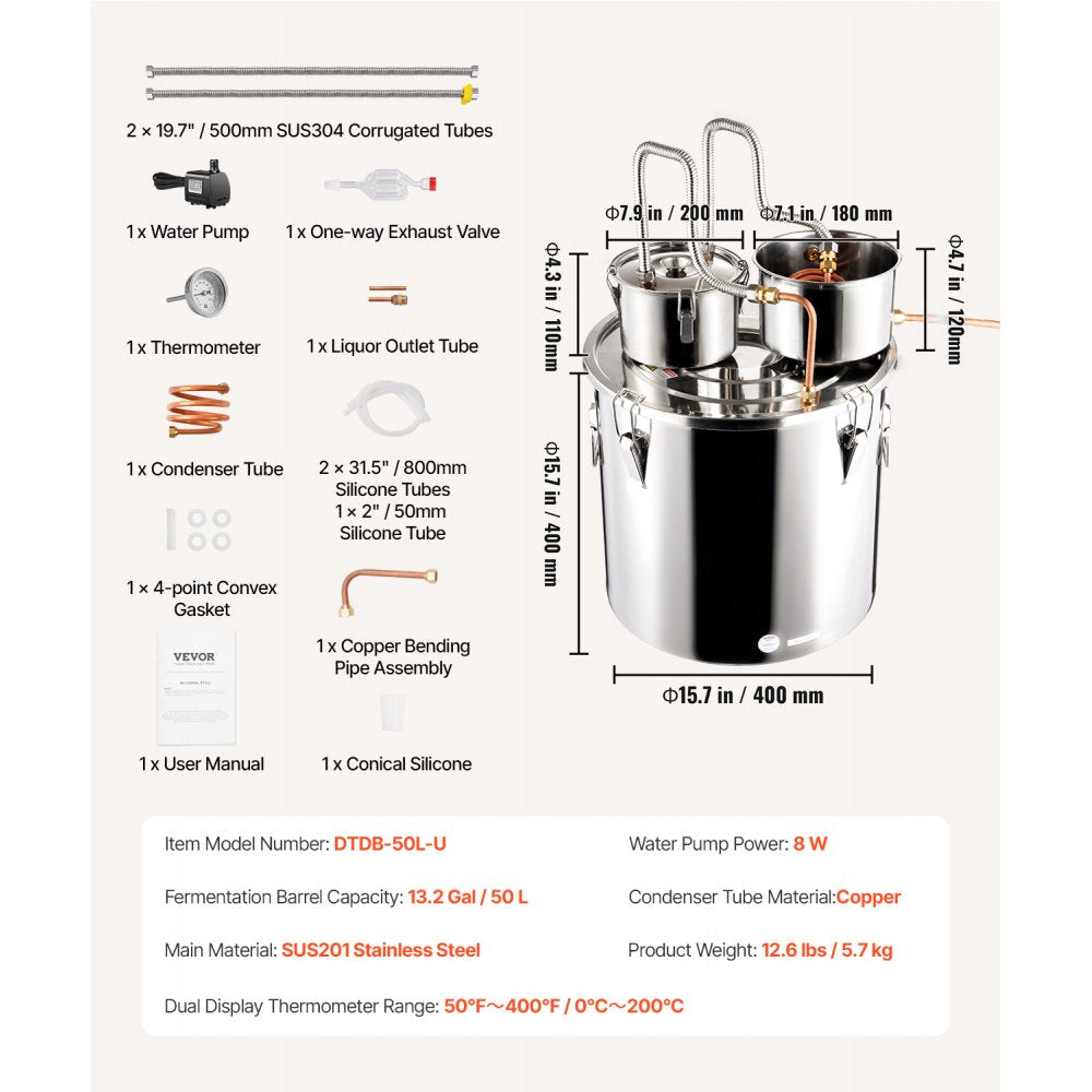 VEVOR Alcohol Still, 13.2 Gal / 50 L Stainless Steel Water Alcohol Distiller with Copper Coil for Fast Cooling, Dual Condenser Distiller Kit with Secondary Distillation, for Wine Whisky Brandy, Silver