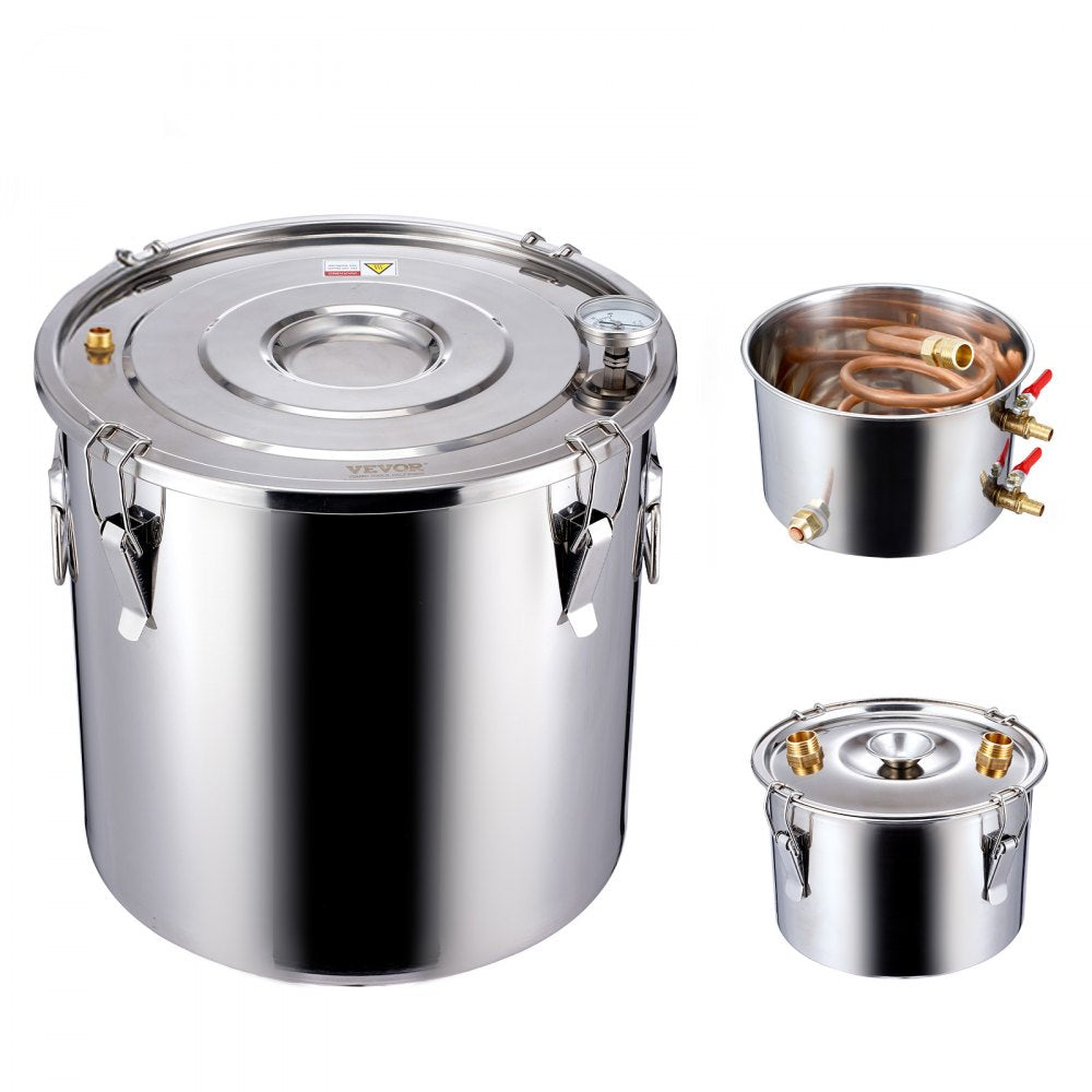 VEVOR Alcohol Still, 13.2 Gal / 50 L Stainless Steel Water Alcohol Distiller with Copper Coil for Fast Cooling, Dual Condenser Distiller Kit with Secondary Distillation, for Wine Whisky Brandy, Silver