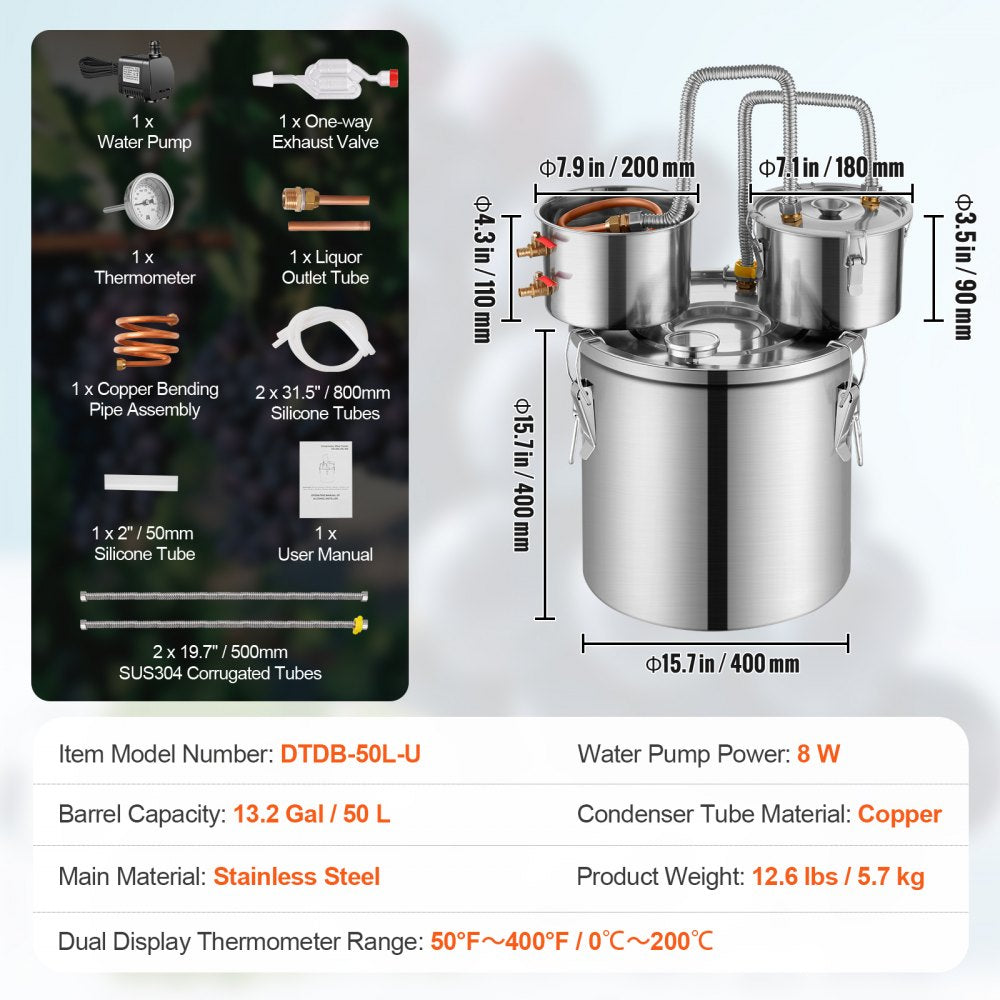VEVOR Alcohol Still, 13.2 Gal / 50 L Stainless Steel Water Alcohol Distiller with Copper Coil for Fast Cooling, Dual Condenser Distiller Kit with Secondary Distillation, for Wine Whisky Brandy, Silver