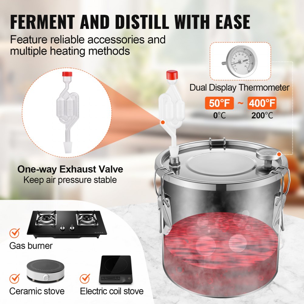 VEVOR Alcohol Still, 3 Gal / 11.4 L Stainless Steel Water Alcohol Distiller with Coil Cooling, Home Brewing Refining Fermentation Kit with Dual Display Thermometer, for Wine Whisky Brandy, Silver