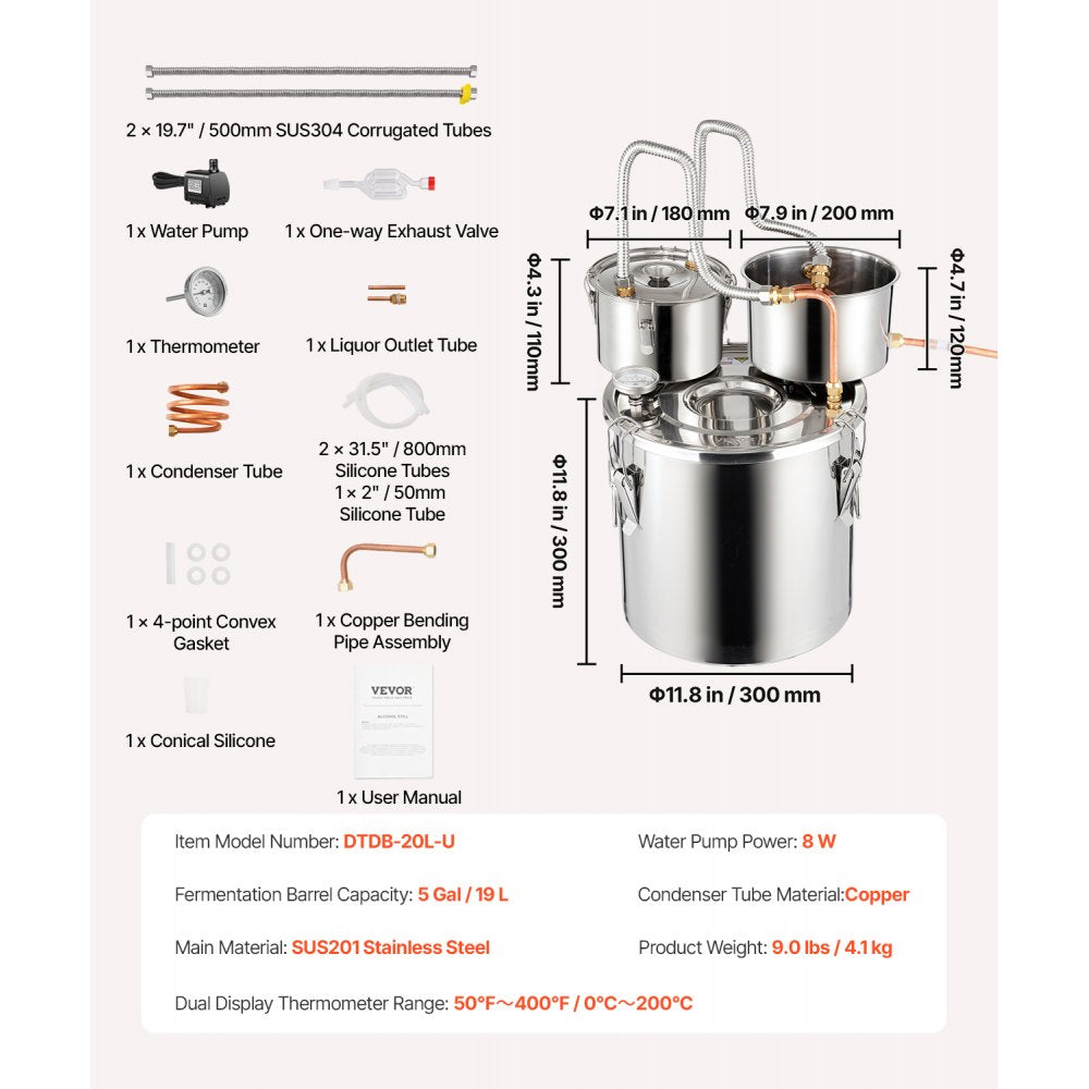 VEVOR Alcohol Still, 5 Gal / 19 L Stainless Steel Water Alcohol Distiller with Copper Coil for Fast Cooling, Dual Condenser Distiller Kit with Secondary Distillation, for Wine Whisky Brandy, Silver