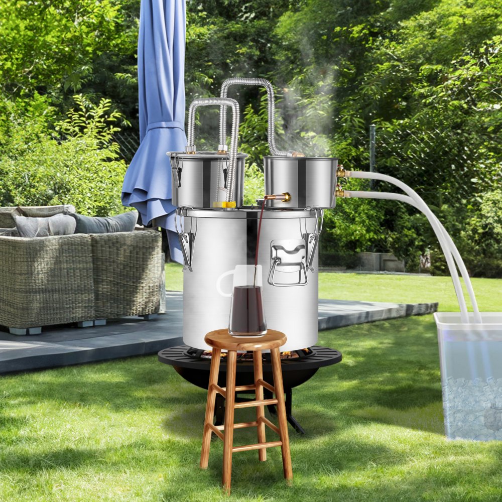 VEVOR Alcohol Still, 8 Gal / 30 L Stainless Steel Water Alcohol Distiller with Copper Coil for Fast Cooling, Dual Condenser Distiller Kit with Secondary Distillation, for Wine Whisky Brandy, Silver