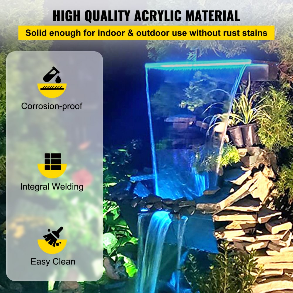 VEVOR Fountain Spillway 23.6x3.2x8.1 Inch, Pool Waterfall Fountain 17 Colors Led, Pool Water Fall Kit with Remote, Pool Spillway Solid Acrylic Pool Waterfall for Garden Pond, Swimming Pool, Square