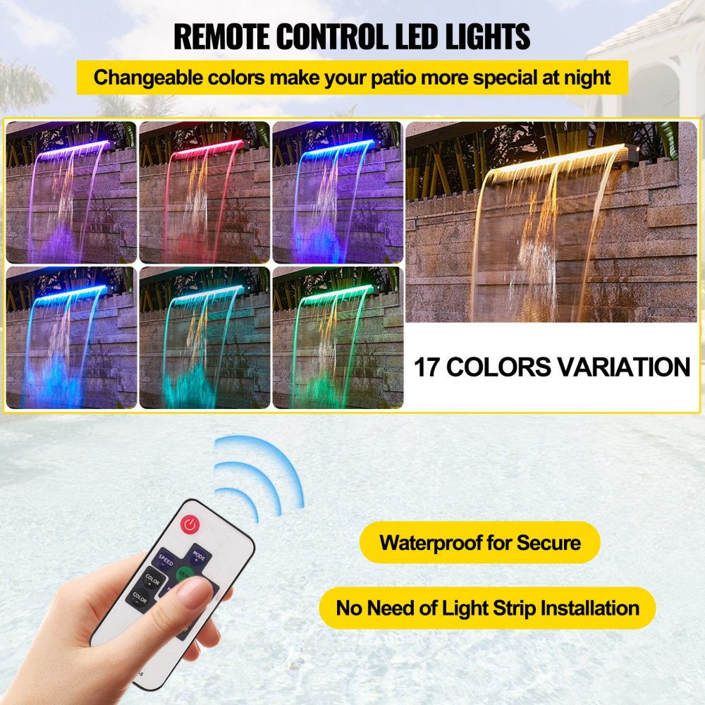 VEVOR Fountain Spillway 23.6x3.2x8.1 Inch, Pool Waterfall Fountain 17 Colors Led, Pool Water Fall Kit with Remote, Pool Spillway Solid Acrylic Pool Waterfall for Garden Pond, Swimming Pool, Square