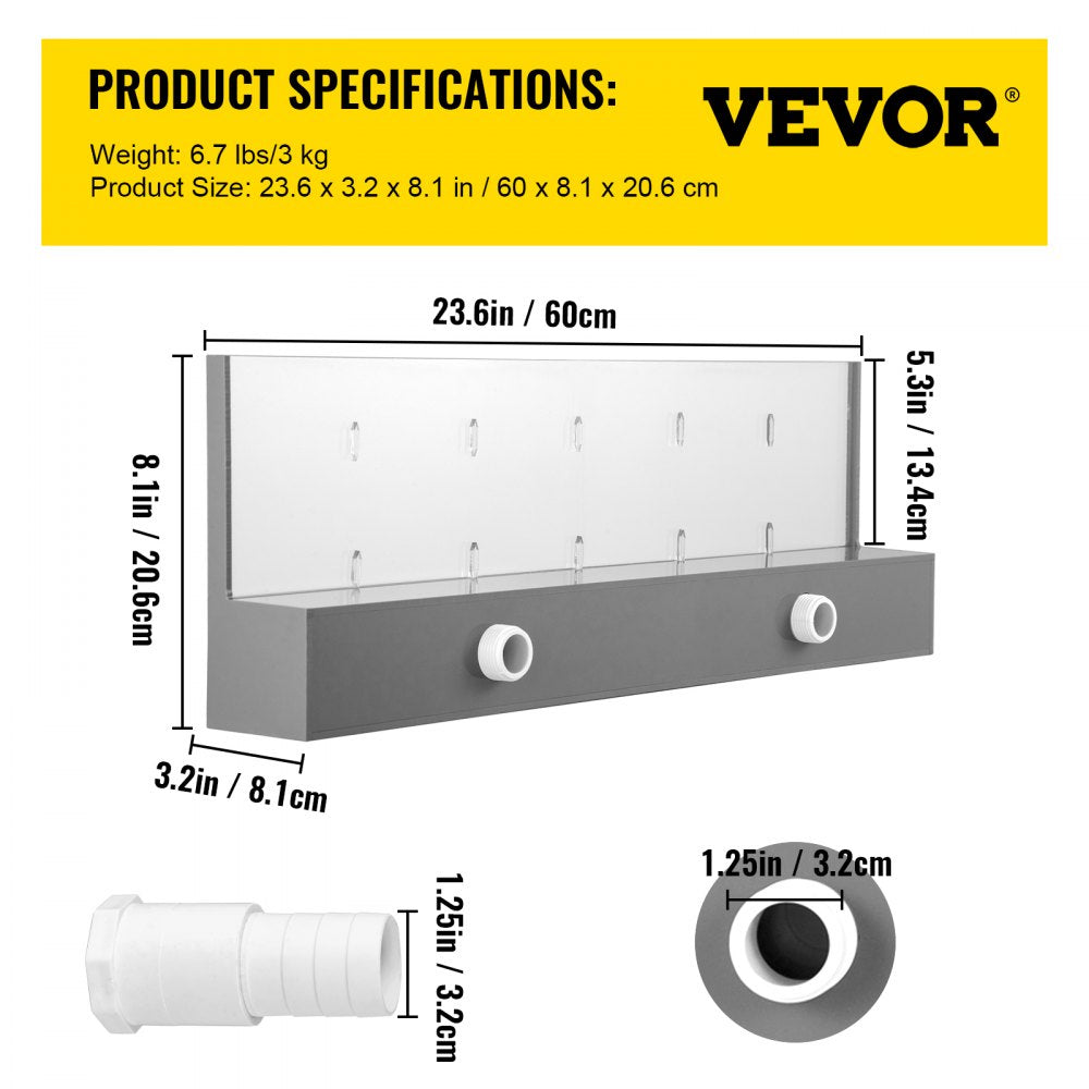 VEVOR Fountain Spillway 23.6x3.2x8.1 Inch, Pool Waterfall Fountain 17 Colors Led, Pool Water Fall Kit with Remote, Pool Spillway Solid Acrylic Pool Waterfall for Garden Pond, Swimming Pool, Square