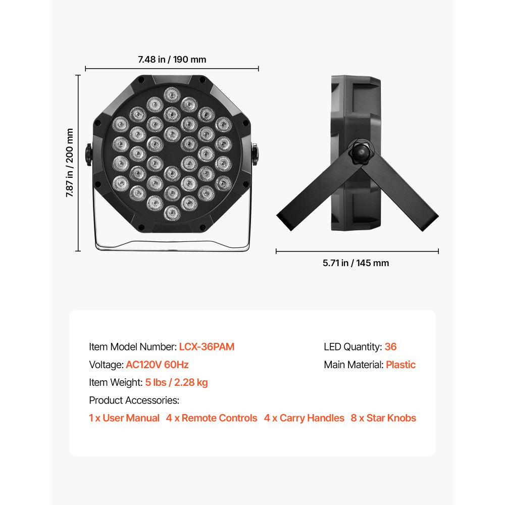 VEVOR LED Par Lights, 4 Pack 36 LED RGB Stage Lights Uplight Stage Lighting, for DJ, Event, Music Party, Wedding, Bar, Church, Remote & DMX Control, Sound Activated, 6 Lighting Effects, Carry Handle