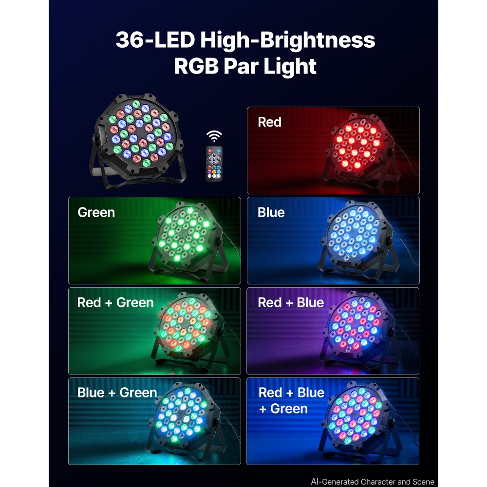 VEVOR LED Par Lights, 8 Pack 36 LED RGB Stage Lights Uplight Stage Lighting, for DJ, Event, Music Party, Wedding, Bar, Church, Remote & DMX Control, Sound Activated, 6 Lighting Effects, Carry Handle