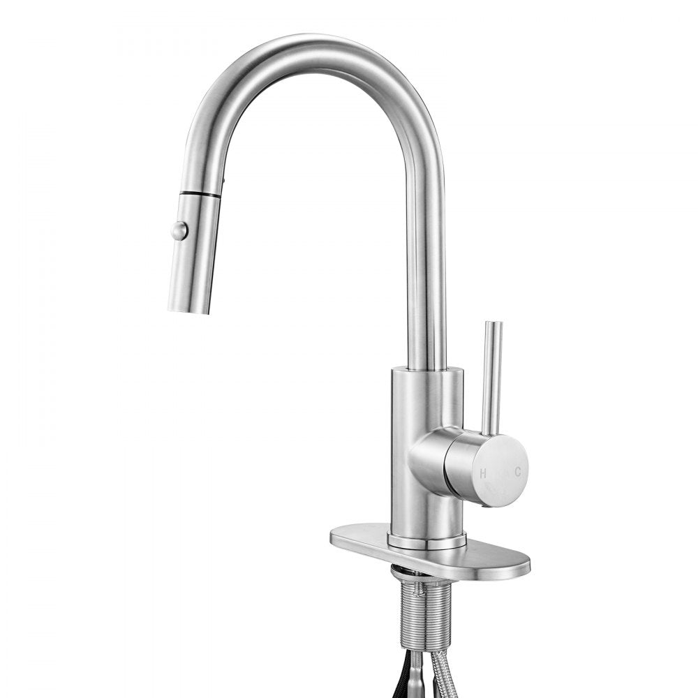 VEVOR Single Handle Sink Faucet, Brushed Nickel Kitchen Faucet with Pull Down Sprayer, Suitable for Bathroom, RV, Bar Sink, Public Restroom, Stream & Spray Dual Water Flow Modes, Leak-Proof Valve