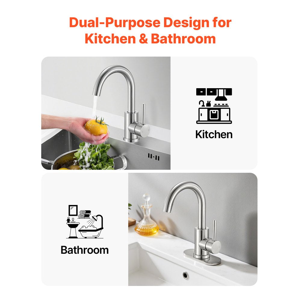 VEVOR Single Handle Sink Faucet, Kitchen Faucet Brushed Nickel Single Handle, Kitchen Water Faucets with Anti-Splash Aerator, Suitable for Bathroom, RV, Bar Sink, Public Restroom, High Arc Spout