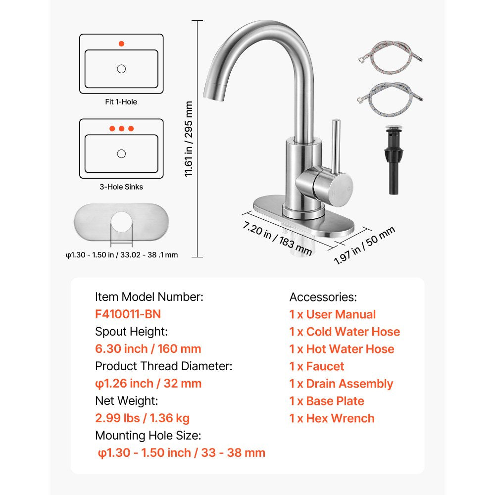VEVOR Single Handle Sink Faucet, Kitchen Faucet Brushed Nickel Single Handle, Kitchen Water Faucets with Anti-Splash Aerator, Suitable for Bathroom, RV, Bar Sink, Public Restroom, High Arc Spout