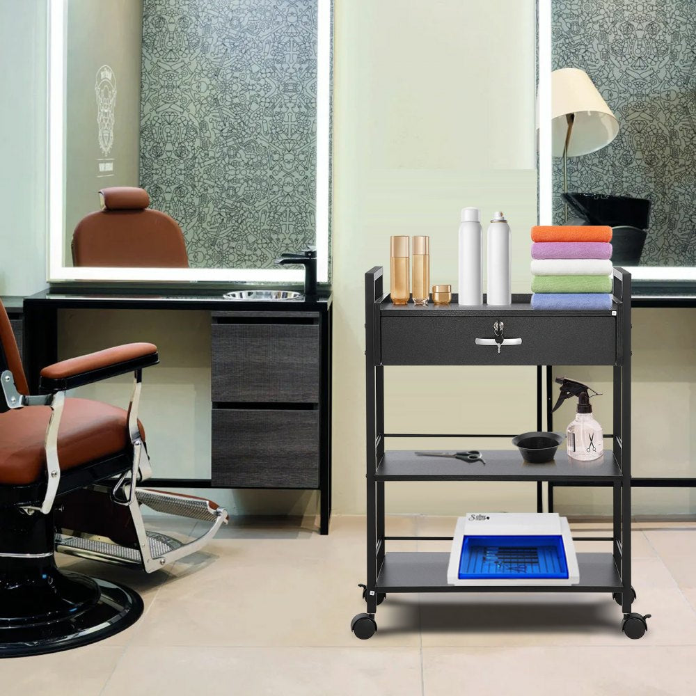 VEVOR Beauty Salon Trolley Cart, 3-Tier Hair Salon Stations Cabinet for Stylist with Lockable Drawer, MDF Rolling Storage Station with 4 Wheels (2 Lockable) for Beauty SPA Barbershop Tattoo