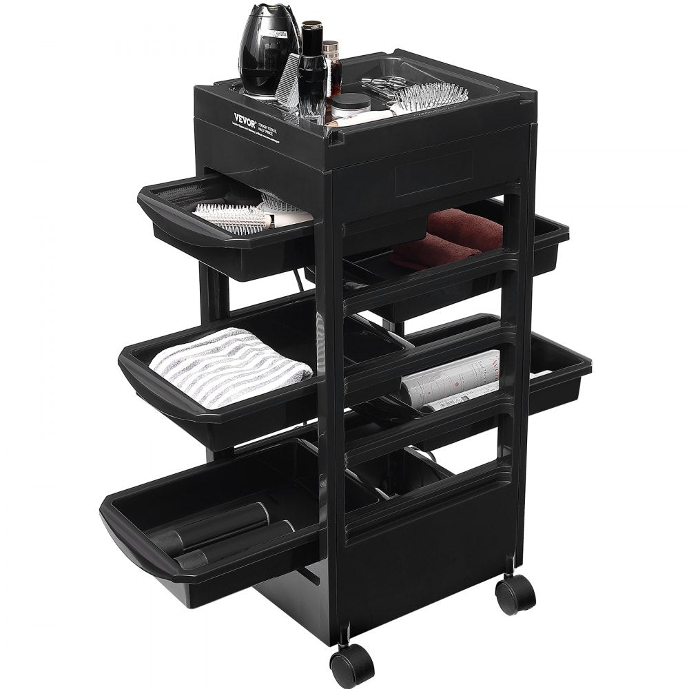 VEVOR Beauty Salon Trolley Cart, Plastic Salon Rolling Cart for Stylist with 5 Removable Drawers & Dryer Holder, Rolling Hairdressing Cart with 4 Wheels (2 Lockable) for Beauty SPA Barbershop