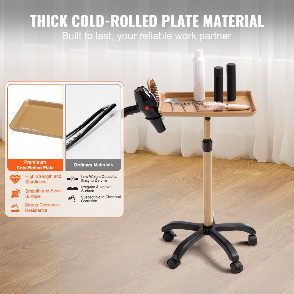 VEVOR Salon Tray Cart, 30"-43" Height Adjustable Rolling Salon Tray, Cold-rolled Plate Tattoo Tray with 5 Wheels (2 Lockable) for SPA Barber Clinic, Gold & Black