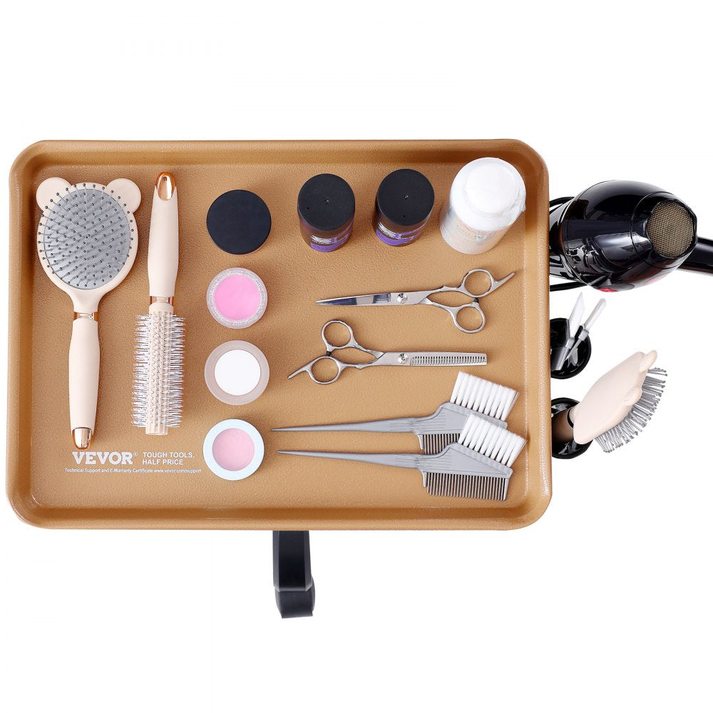 VEVOR Salon Tray Cart, 30"-43" Height Adjustable Rolling Salon Tray, Cold-rolled Plate Tattoo Tray with 5 Wheels (2 Lockable) for SPA Barber Clinic, Gold & Black