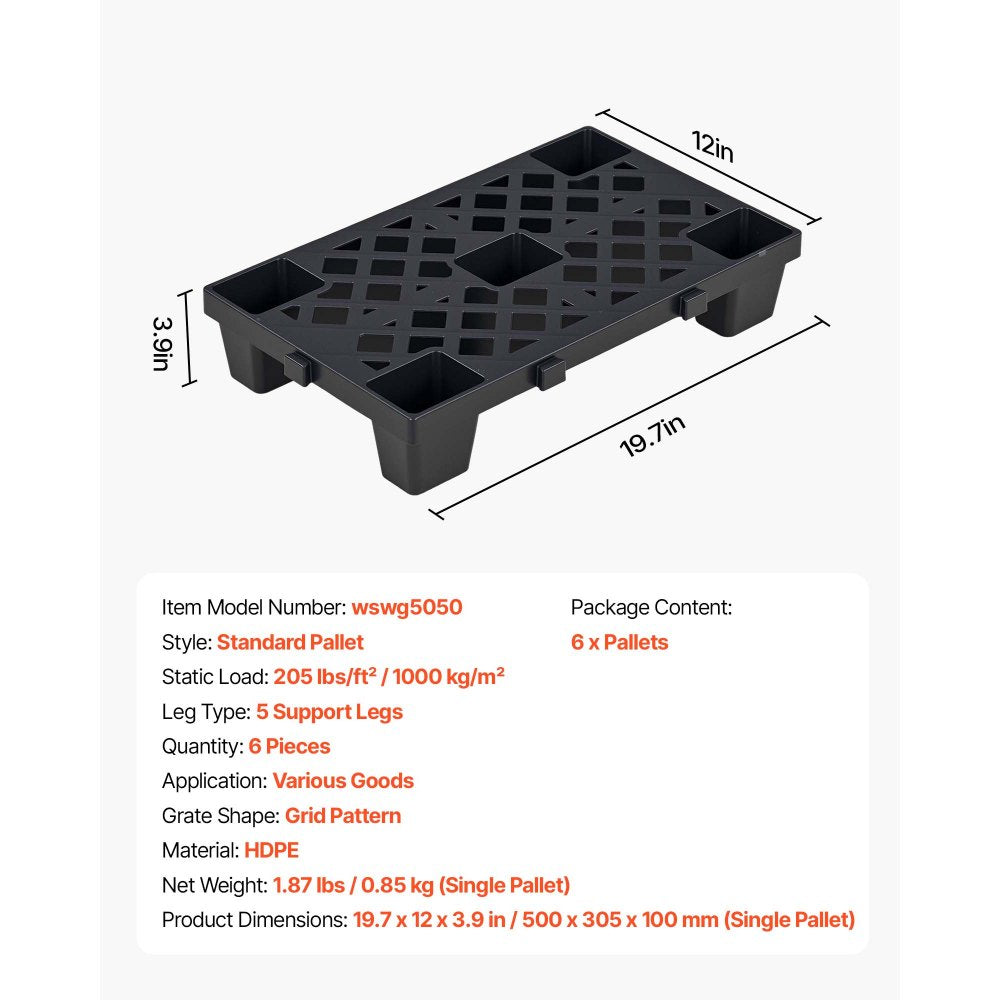 VEVOR Plastic Pallets, 6 Pcs Plastic Pallets for Basement Storage, Nestable Lightweight Waterproof Storage Pad with Breathable Grid for Indoor Outdoor Supermarket Warehouse, 19.7" x 12" x 3.9", Black