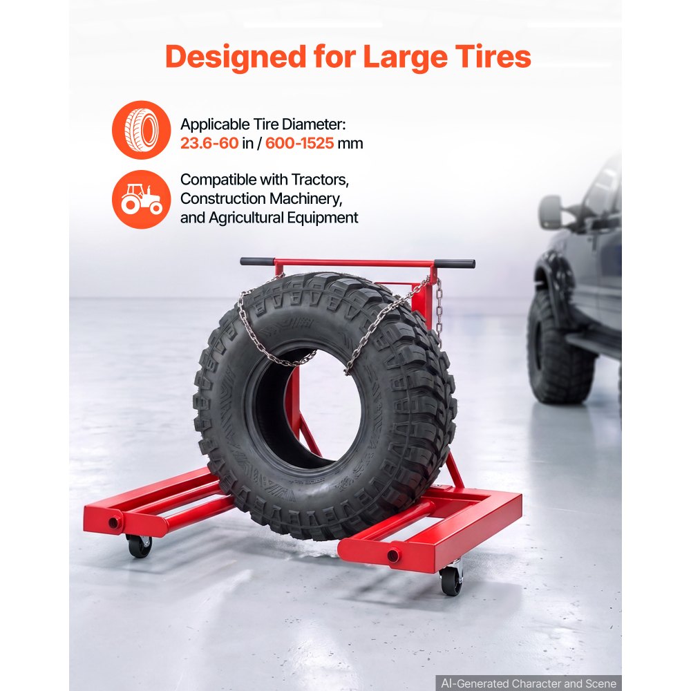 VEVOR Hydraulic Wheel Dolly, 1500LBS Heavy Duty Steel Dual-Wheel Tire Dolly, with Security Locking Chain, Fits 23.6 - 60 in Large Tires for Tractors, Construction Machinery & Agricultural Equipment