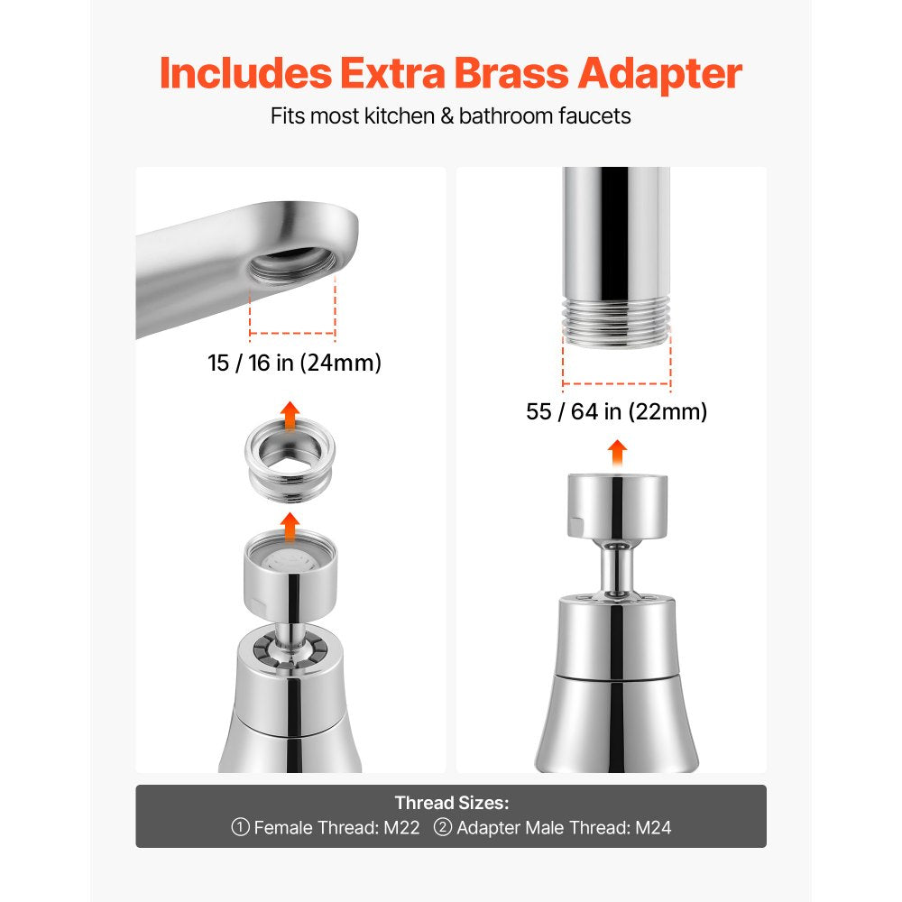 VEVOR Faucet Aerator, 360° Swivel Kitchen Sink Aerator, 5-Function 5-Flow Sink Sprayer Attachment, Bathroom Faucet Extender Head Replacement for 15/16 inch Female Thread with Adapter & 55/64 inch Male