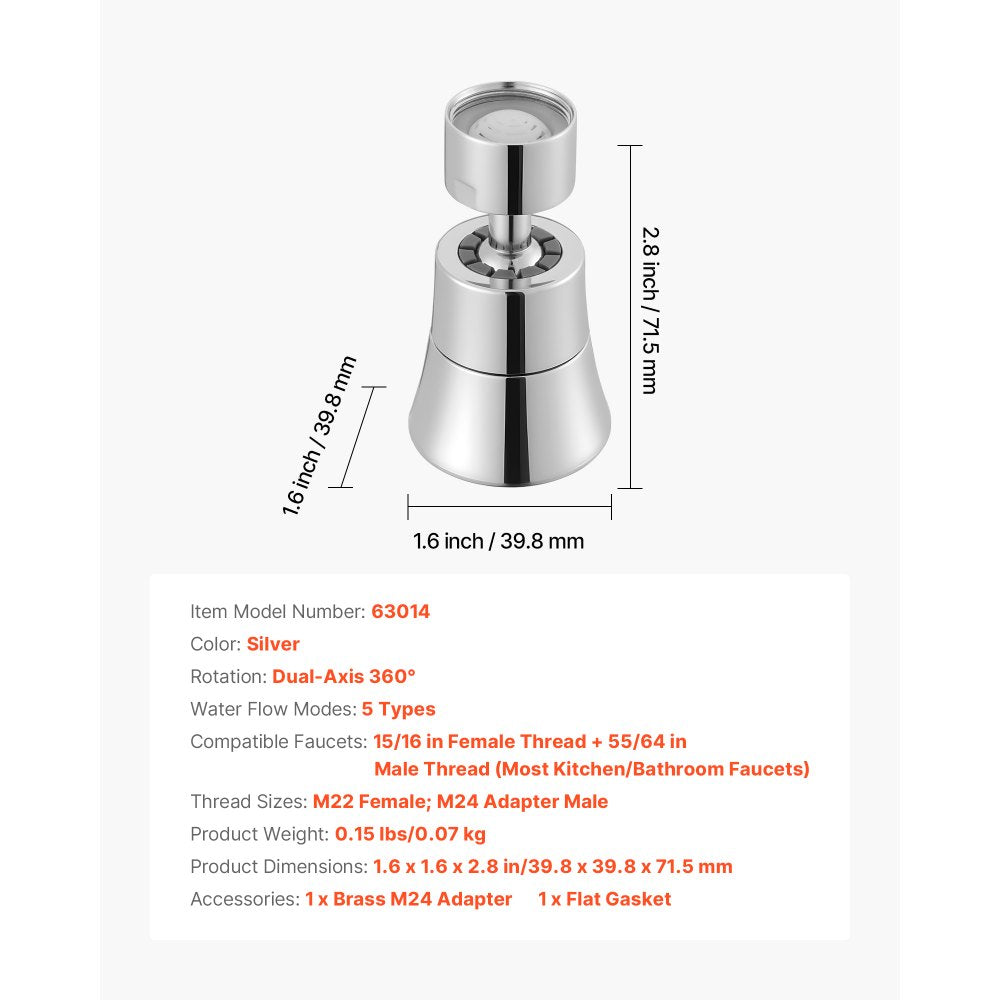 VEVOR Faucet Aerator, 360° Swivel Kitchen Sink Aerator, 5-Function 5-Flow Sink Sprayer Attachment, Bathroom Faucet Extender Head Replacement for 15/16 inch Female Thread with Adapter & 55/64 inch Male
