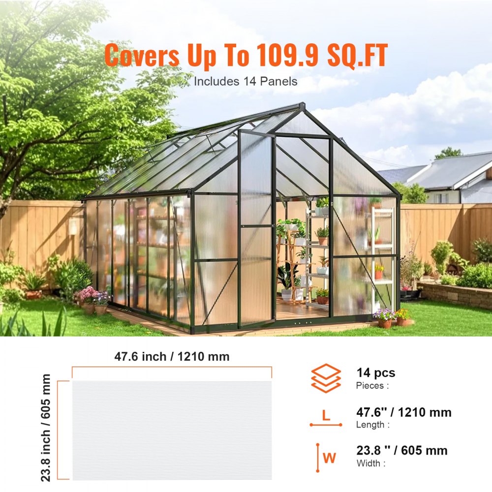 VEVOR 14 Pack Polycarbonate Greenhouse Panels, 2' X 4' X 0.16'' Roof Panels Sheets, Waterproof UV Protected Corrugated Plastic Roofing, Impact Resistance Clear Roofing Sheets for Greenhouse/Garden