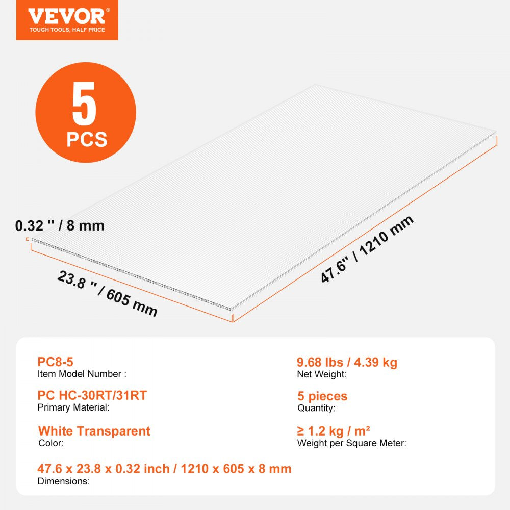 VEVOR 5 Pack Polycarbonate Greenhouse Panels, 2' X 4' X 0.32'' Roof Panels Sheets, Waterproof UV Protected Corrugated Plastic Roofing, Impact Resistance Clear Roofing Sheets for Greenhouse/Garden