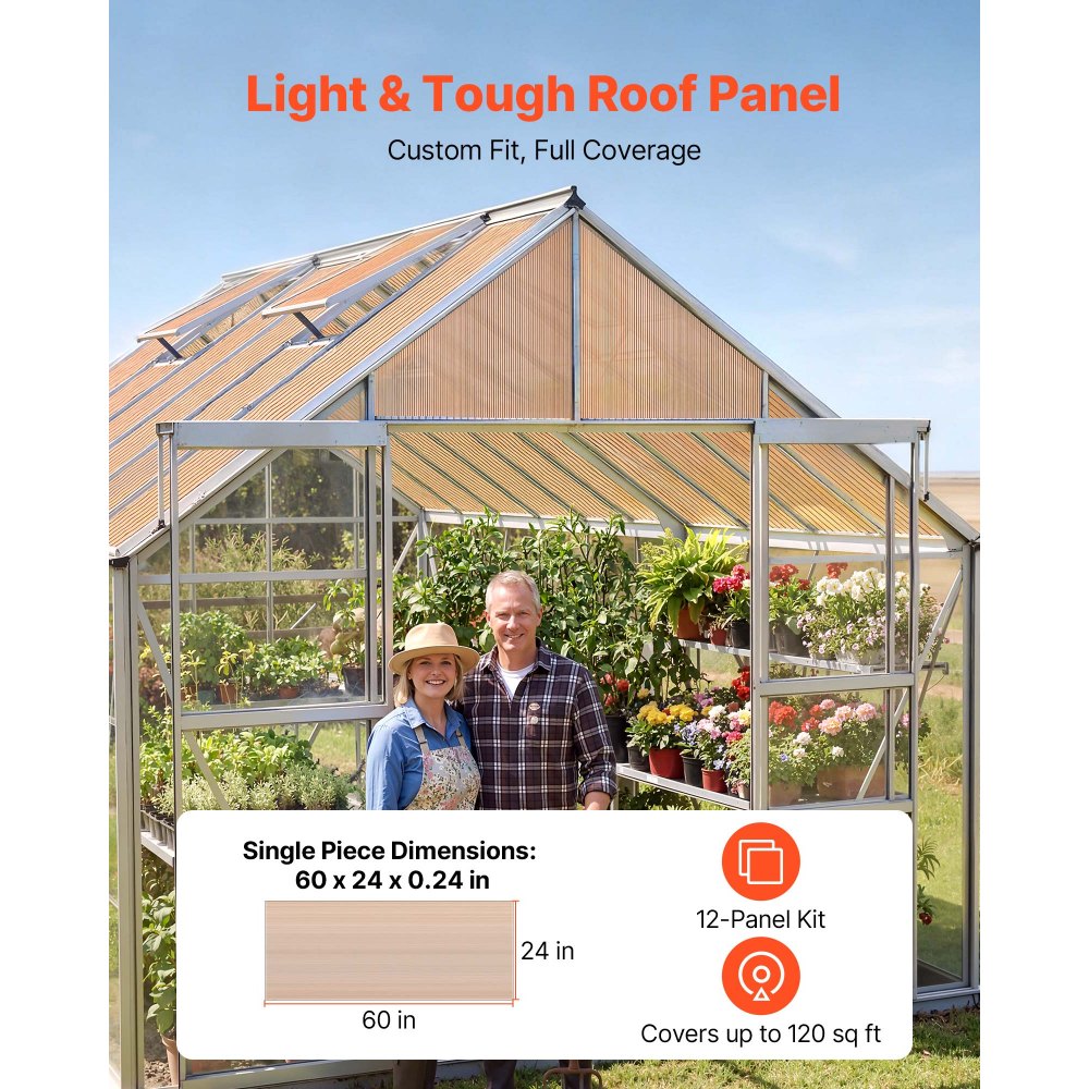 VEVOR Roof Panels, 12Pcs Polycarbonate Roofing Panels Double Layer, High Impact Corrugated Plastic Greenhouse Replacement Cover, Waterproof for Gazebos, Chicken Coops, Home, Garden (5' x 2' x 0.24")