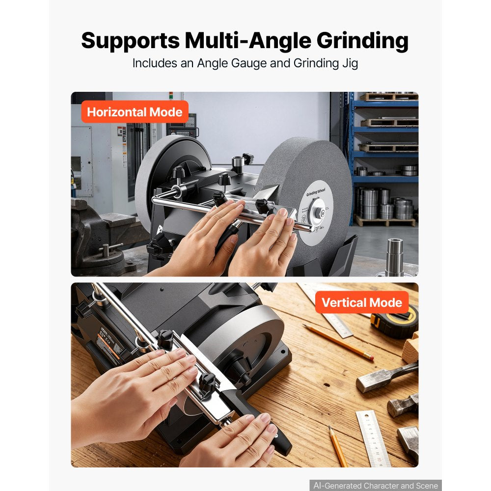 VEVOR Water-Cooled Grinding Machine, 1.6A 145RPM Knife Sharpening Machine, 10" Wet Grinding Wheel & 8" Leather Stropping Wheel, Wet/Dry Stone Grinder with Water-Cooling Tray for Knives Chisels, 120V