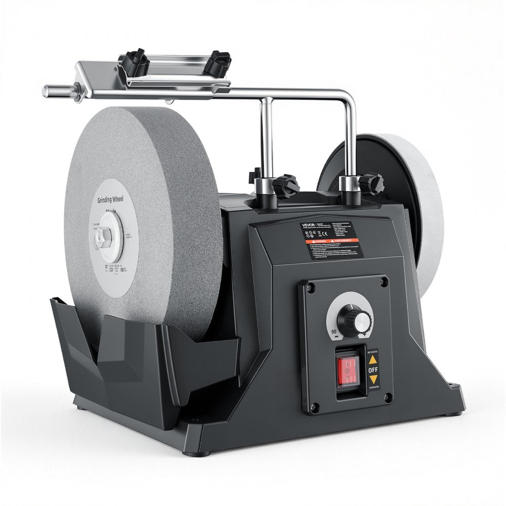 VEVOR Water-Cooled Grinder Knife Sharpener 1.2A 90–160 RPM Variable Speed, 10" Wet Grinding Wheel & 8" Leather Stropping Wheel, Wet/Dry Stone Grinding Machine with Water Tray for Knives Chisels, 120V