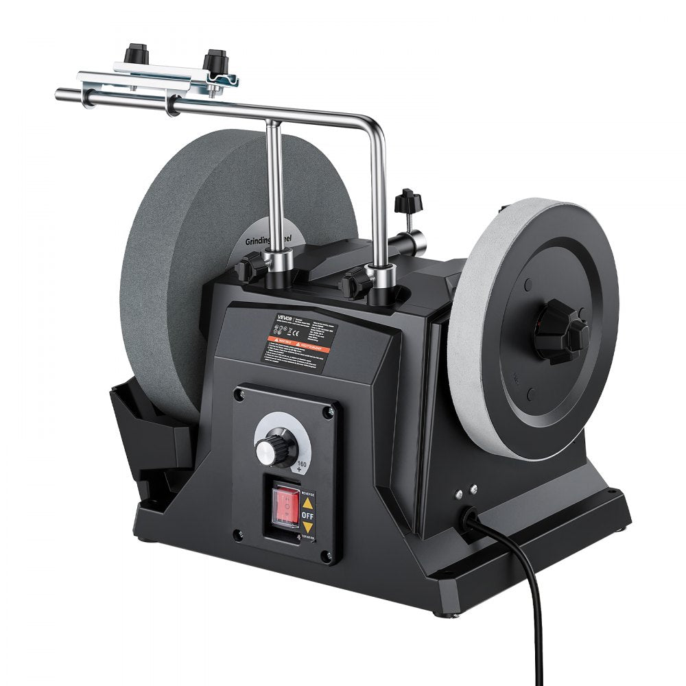 VEVOR Water-Cooled Grinder Knife Sharpener 1.2A 90–160 RPM Variable Speed, 10" Wet Grinding Wheel & 8" Leather Stropping Wheel, Wet/Dry Stone Grinding Machine with Water Tray for Knives Chisels, 120V