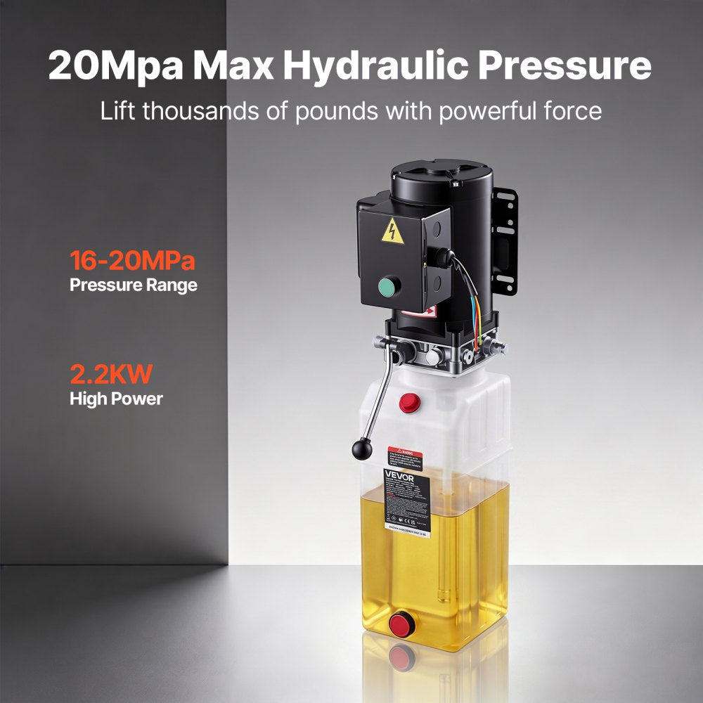 VEVOR 10 Quart Hydraulic Pump, 2.2KW Hydraulic Dump Trailer Pump Single Acting, 3200 PSI Max Relief Pressure, 1.7 GPM Flow Rate, AC220-240V Hydraulic Power Unit Car Lift (Vertical Installation)