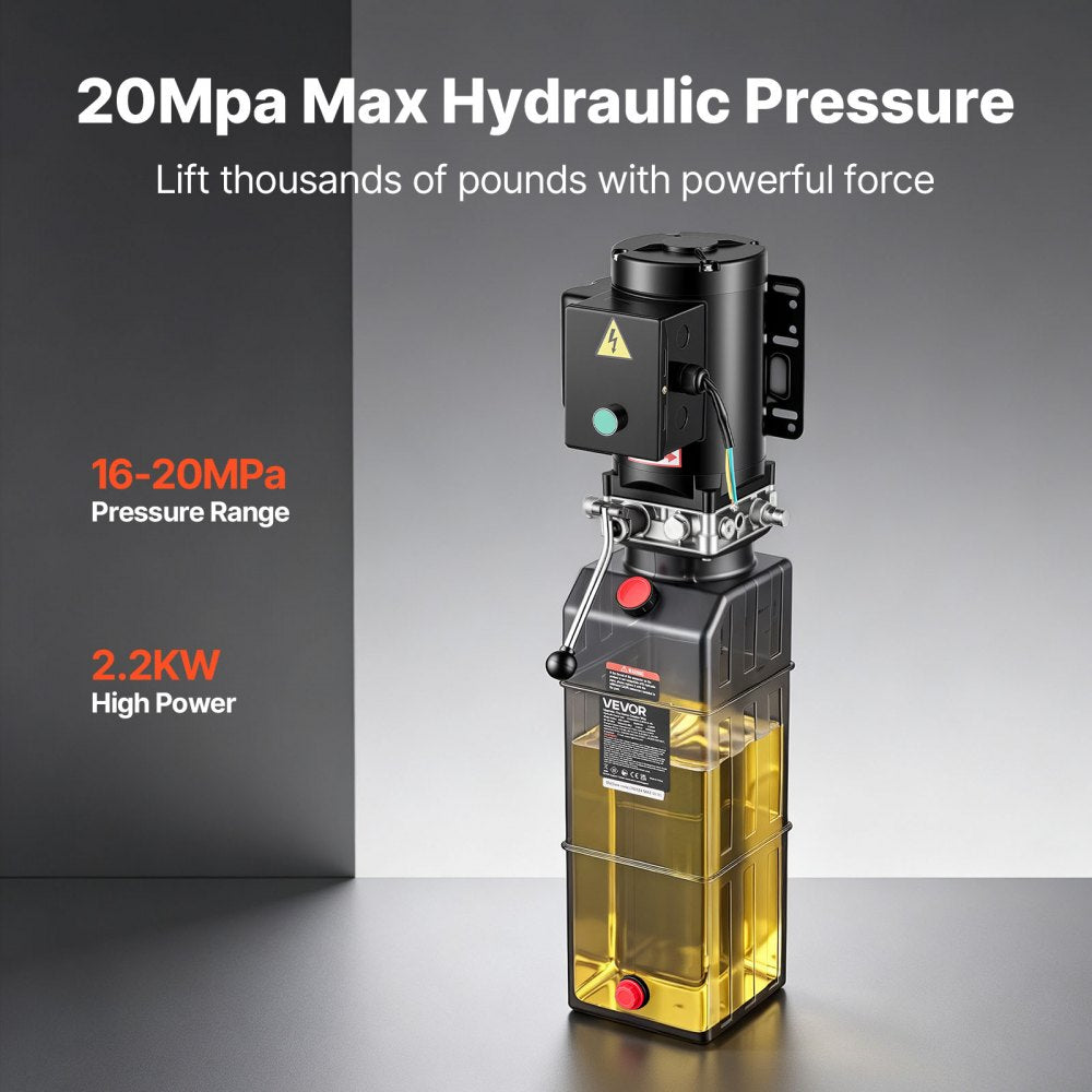 VEVOR 14 Quart Hydraulic Pump, 2.2KW Hydraulic Dump Trailer Pump Single Acting, 3200 PSI Max Relief Pressure, 1.7 GPM Flow Rate, AC220-240V Hydraulic Power Unit Car Lift (Vertical Installation)