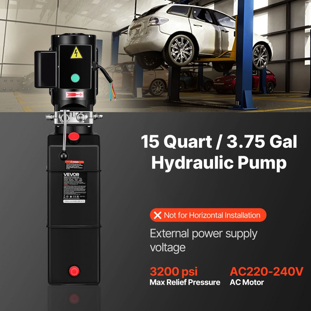 VEVOR 15 Quart Hydraulic Pump, 2.2KW Hydraulic Motor Dump Trailer Pump Single Acting, 3200 PSI Max Relief Pressure, 1.7 GPM Flow Rate, AC220-240V Hydraulic Power Unit Car Lift (Vertical Installation)