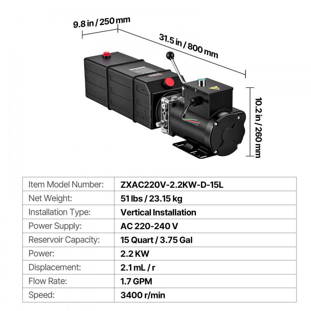 VEVOR 15 Quart Hydraulic Pump, 2.2KW Hydraulic Motor Dump Trailer Pump Single Acting, 3200 PSI Max Relief Pressure, 1.7 GPM Flow Rate, AC220-240V Hydraulic Power Unit Car Lift (Vertical Installation)