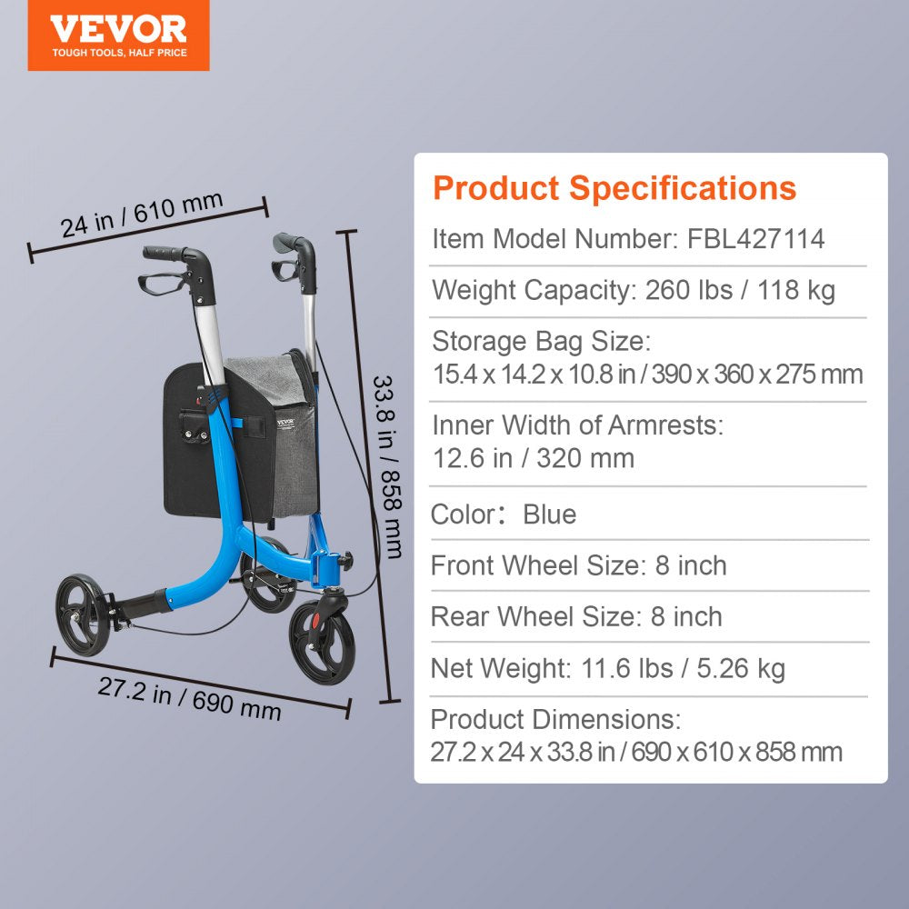 VEVOR 3 Wheels Rollator Walker for Seniors, Lightweight Aluminum Foldable Rolling Walker with Adjustable Handle, Outdoor Trio Mobility Walker with Large Wheels & Spacious Storage Bag, 260LBS Capacity
