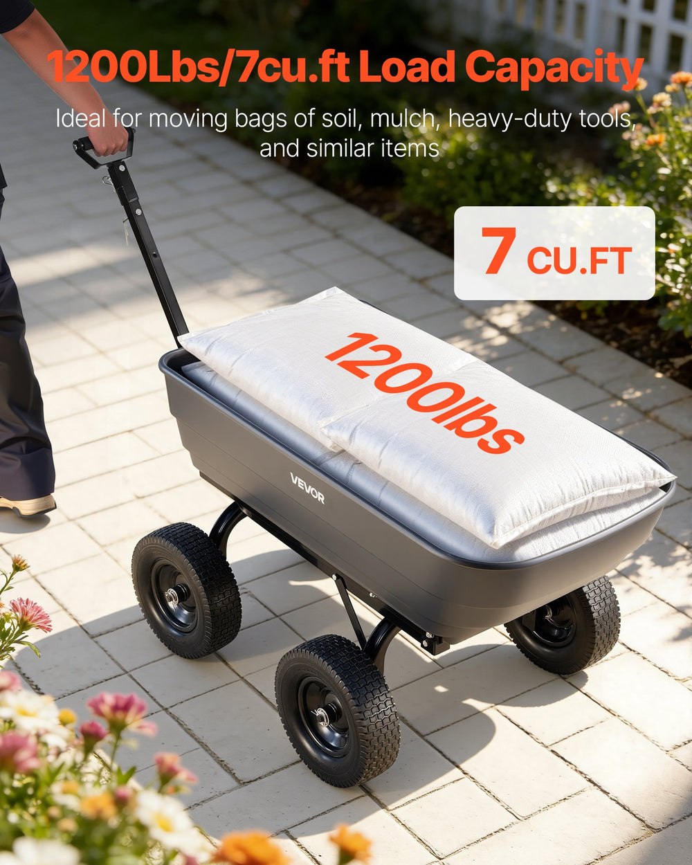 VEVOR Garden Dump Cart, 1200 lbs Poly Dump Cart, 7 Cu. Ft. Garden Carts Dumps Wagon with 2-in-1 Convertible Handle, 90° Quick-Dumps Mechanism, 180° Swivel Wheels, Yard Wagon for Plants, Soil, Crops