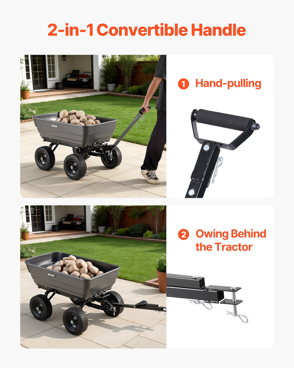 VEVOR Garden Dump Cart, 1200 lbs Poly Dump Cart, 7 Cu. Ft. Garden Carts Dumps Wagon with 2-in-1 Convertible Handle, 90° Quick-Dumps Mechanism, 180° Swivel Wheels, Yard Wagon for Plants, Soil, Crops