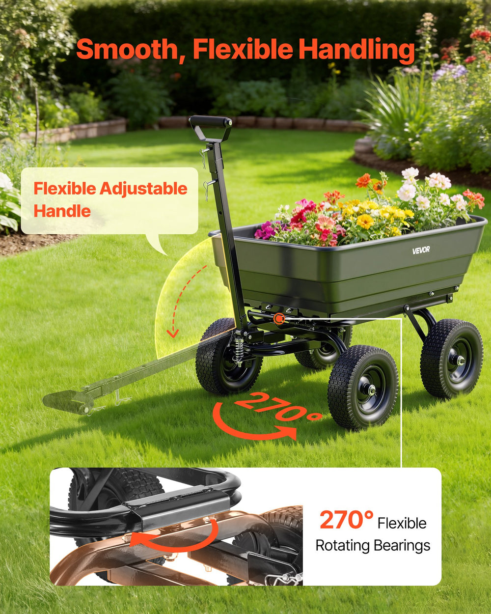 VEVOR Garden Dump Cart, 1200 lbs Poly Dump Cart, 7 Cu. Ft. Garden Carts Dumps Wagon with 2-in-1 Convertible Handle, 90° Quick-Dumps Mechanism, 180° Swivel Wheels, Yard Wagon for Plants, Soil, Crops