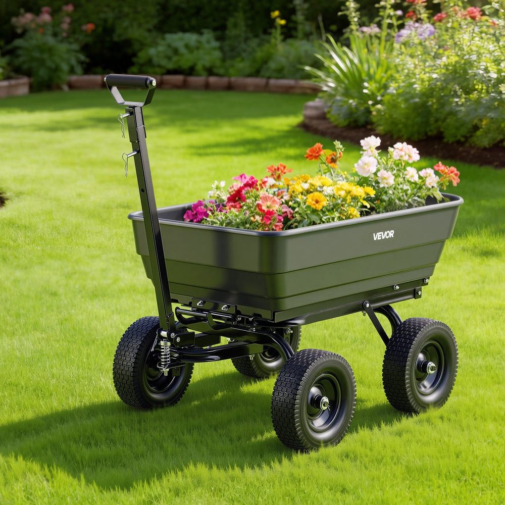 VEVOR Garden Dump Cart, 1200 lbs Poly Dump Cart, 7 Cu. Ft. Garden Carts Dumps Wagon with 2-in-1 Convertible Handle, 90° Quick-Dumps Mechanism, 180° Swivel Wheels, Yard Wagon for Plants, Soil, Crops