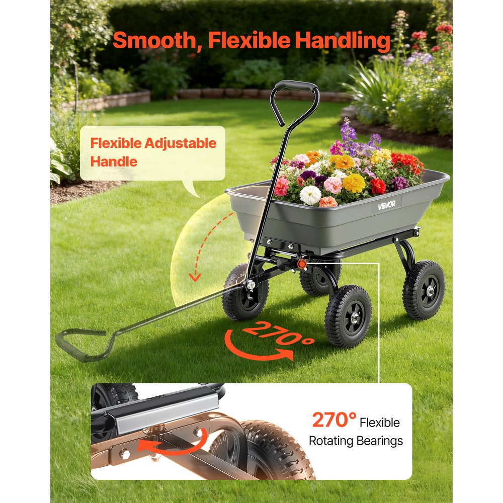 VEVOR Garden Dump Cart, 400 lbs Poly Dump Cart, Garden Carts Dumps Wagon with 90° Quick-Dumps Mechanism, 180° Swivel Wheels, 270° Flexible Rotating Bearings, Yard Wagon for Plants, Soil, Crops
