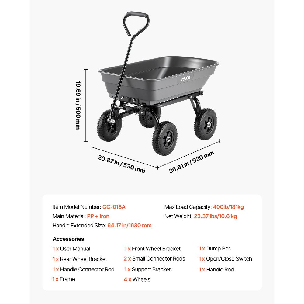 VEVOR Garden Dump Cart, 400 lbs Poly Dump Cart, Garden Carts Dumps Wagon with 90° Quick-Dumps Mechanism, 180° Swivel Wheels, 270° Flexible Rotating Bearings, Yard Wagon for Plants, Soil, Crops